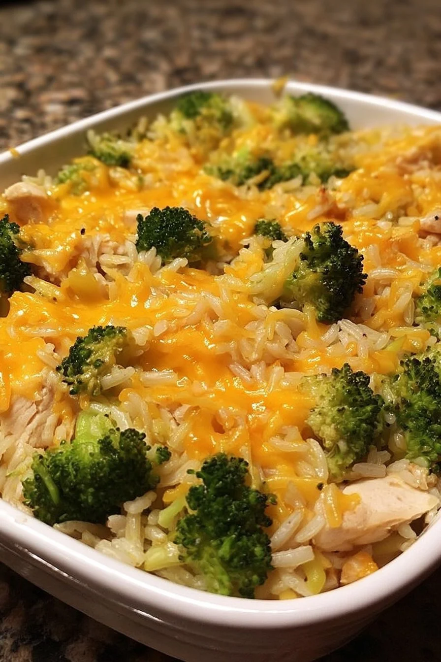 Delicious broccoli, rice, cheese, and chicken casserole baked to perfection.