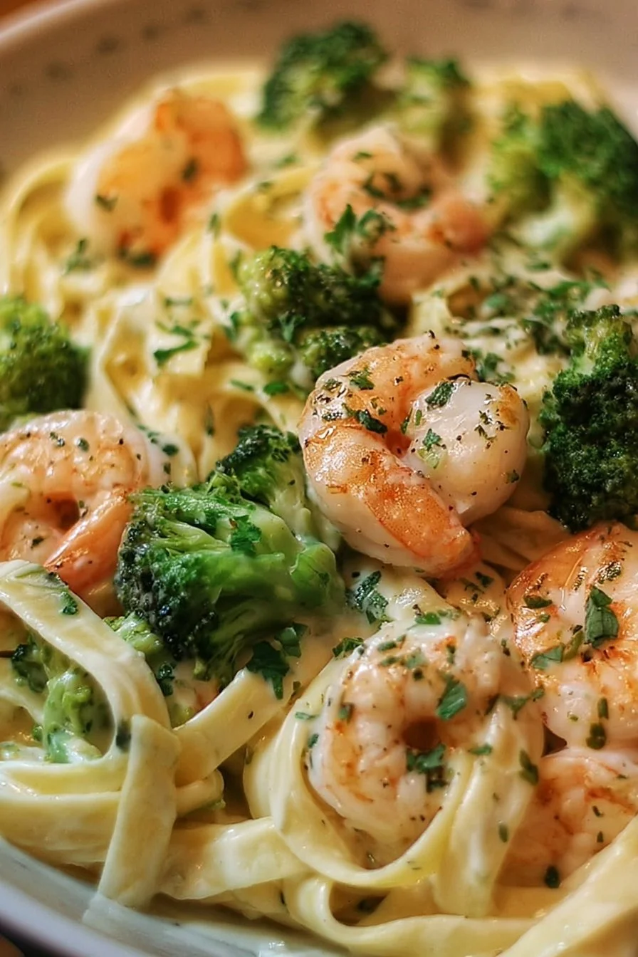 Creamy Broccoli Shrimp Alfredo topped with fresh parsley