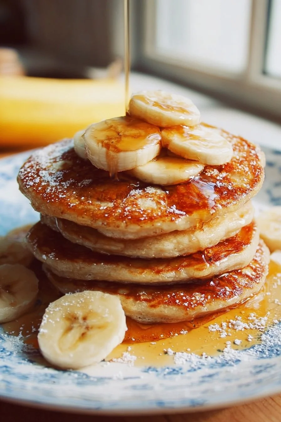 Fluffy brown sugar banana pancakes stacked on a plate with fresh bananas