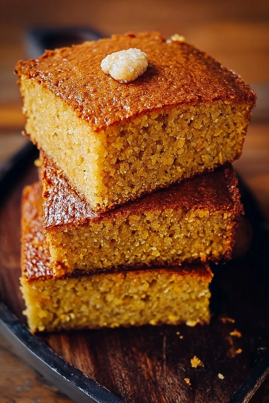 Slice of brown sugar sweet potato cornbread on a plate, garnished with butter.