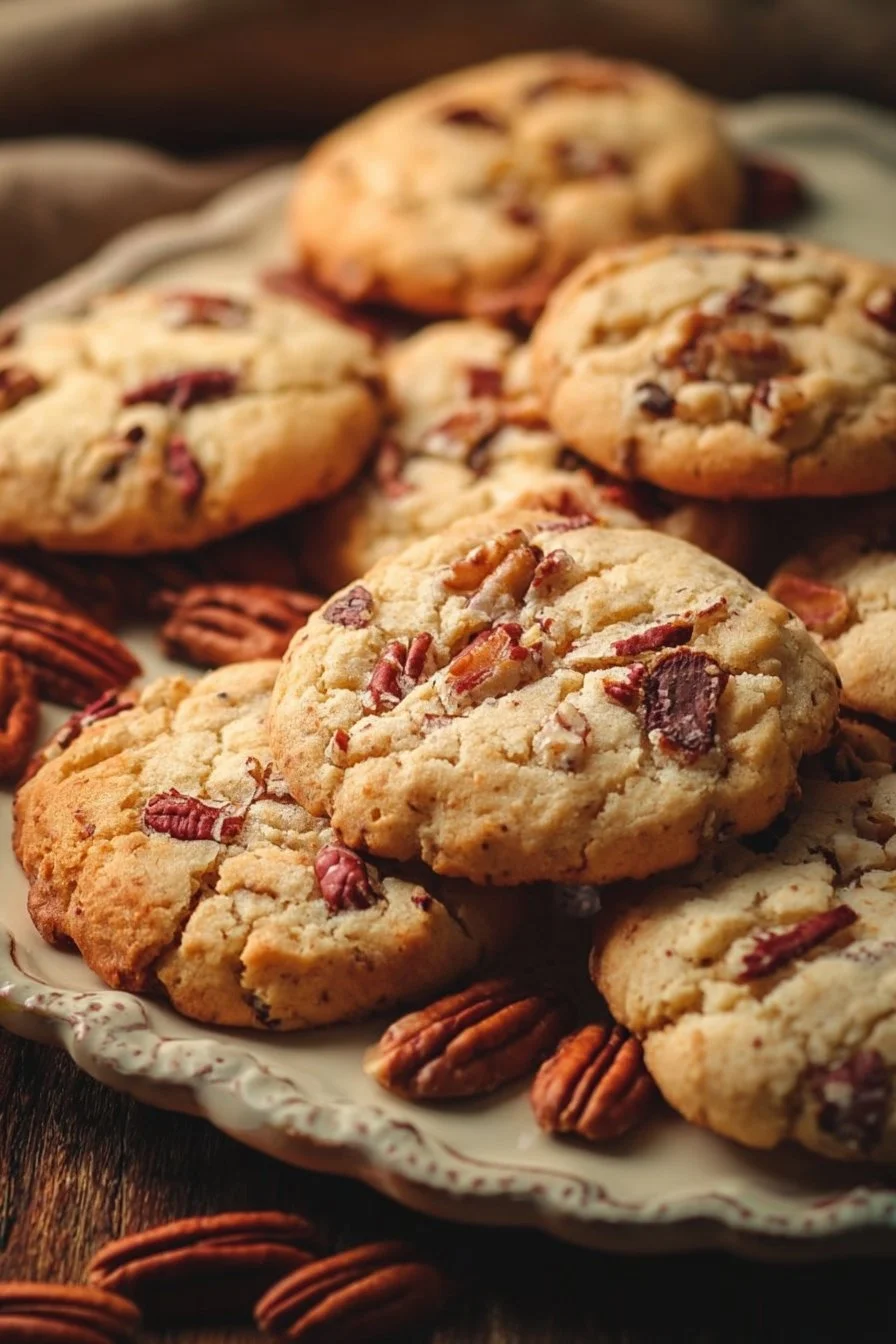 Freshly baked Butter Pecan Cookies with nuts on a plate