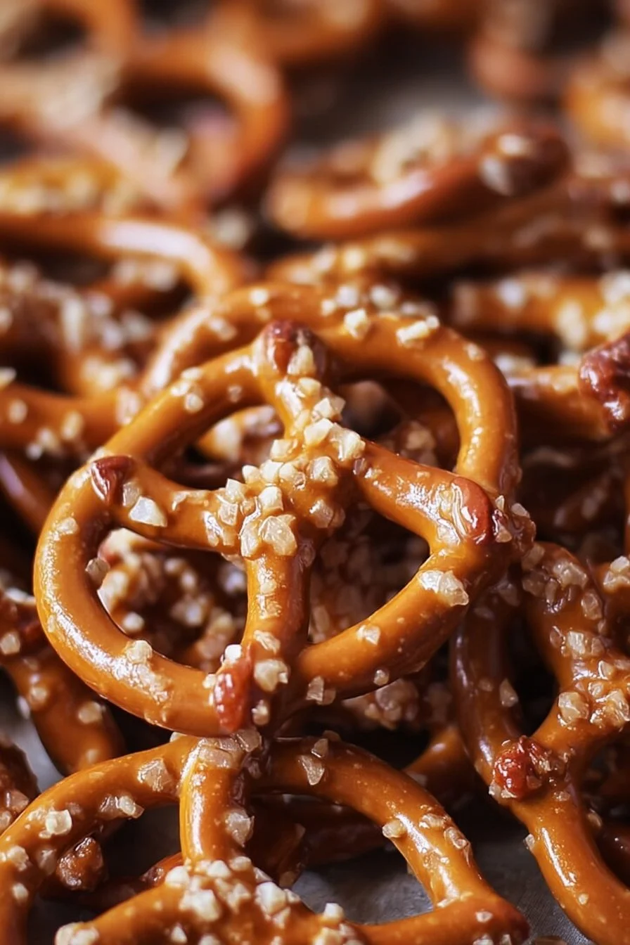 Delicious Butter Toffee Pretzels served in a bowl, perfect for snacking.