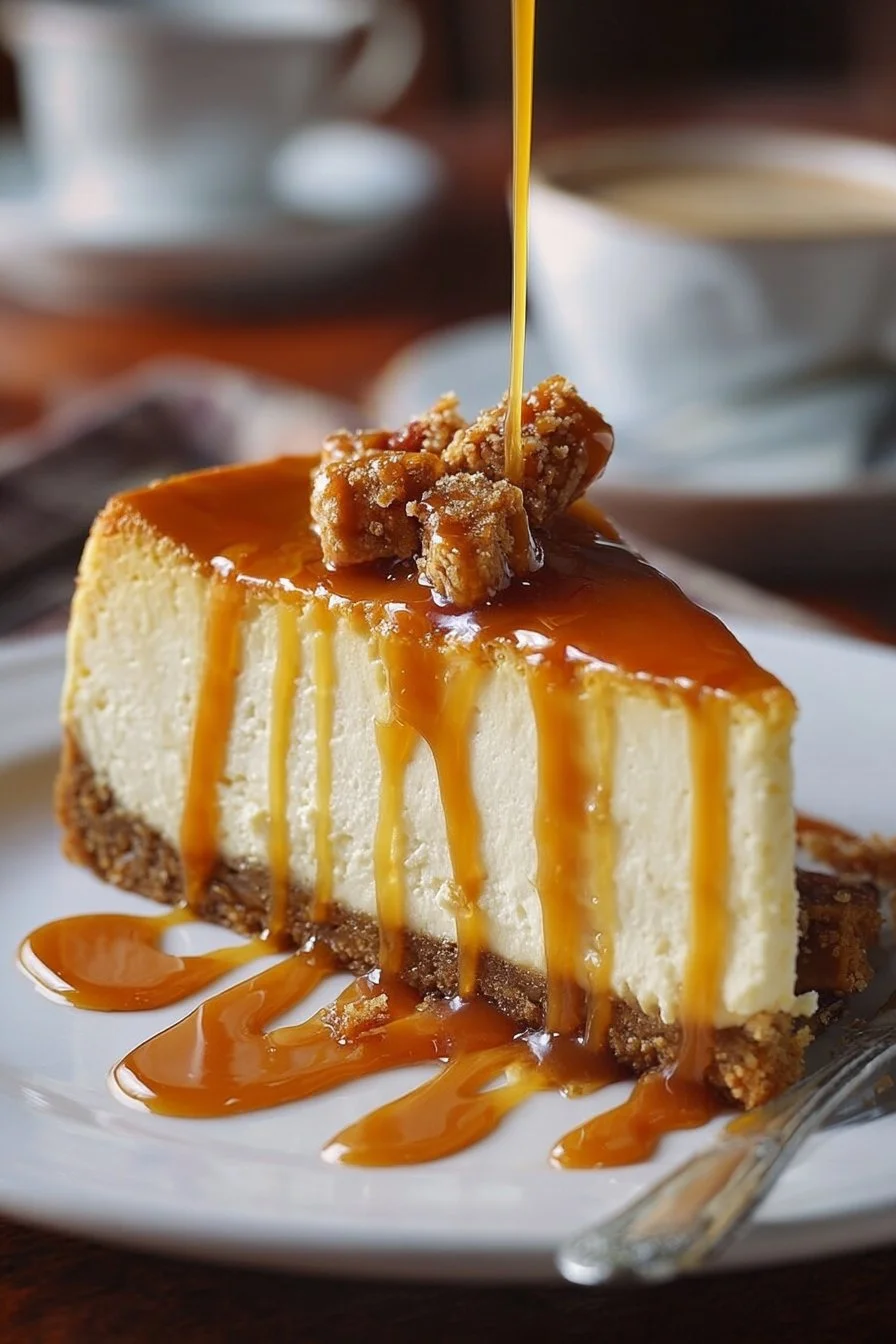 Delicious butterscotch cheesecake drizzled with butterscotch sauce