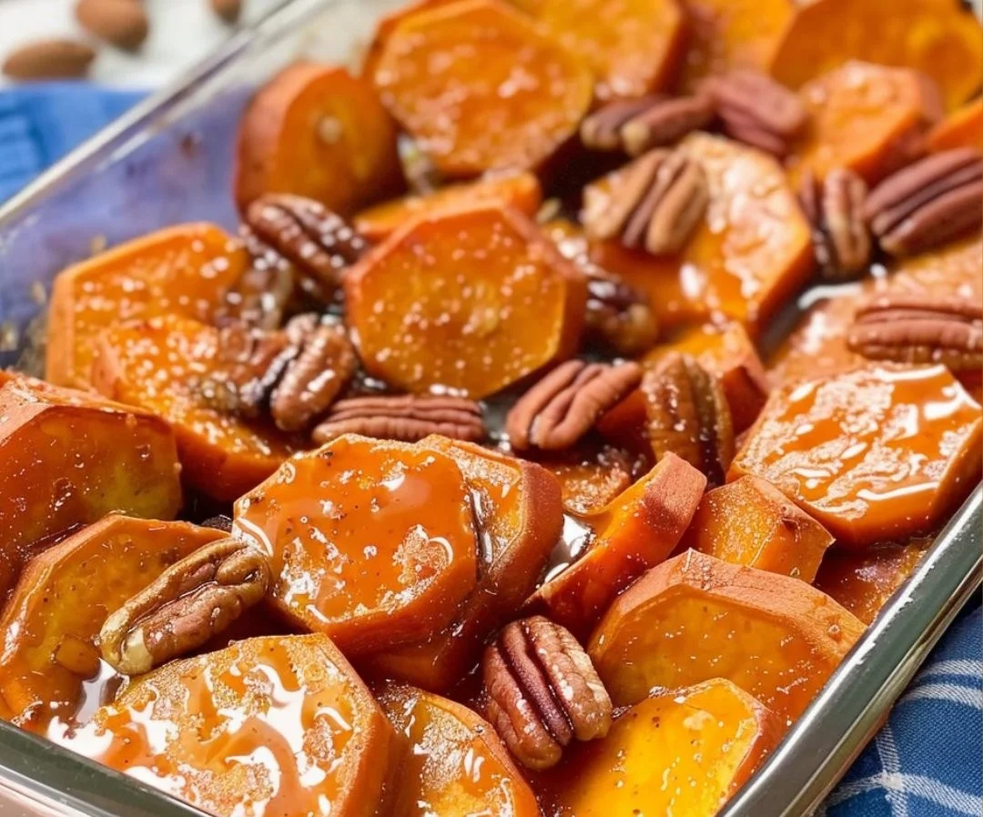 Plate of perfectly candied sweet potatoes with a caramelized glaze