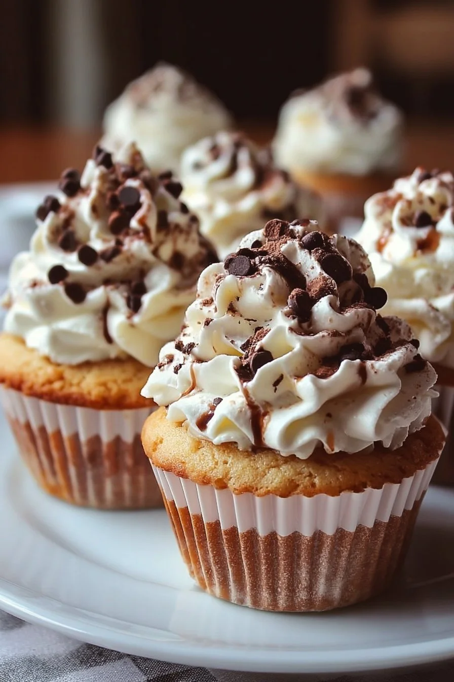 Delicious cannoli cupcakes topped with cream and chocolate chips.