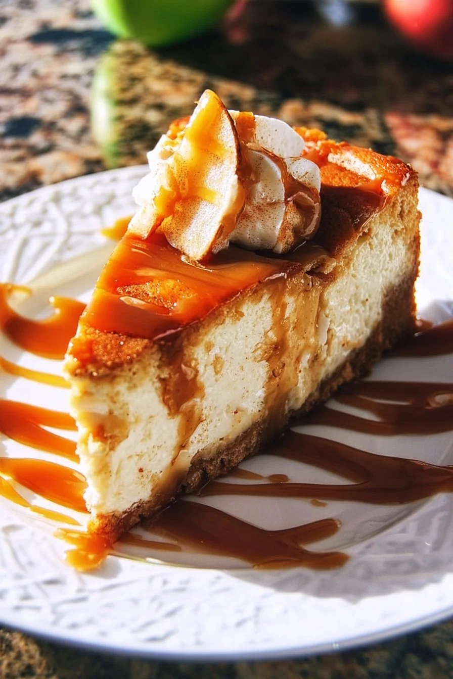 Delicious Caramel Apple Blondie Cheesecake with caramel drizzle and apple slices