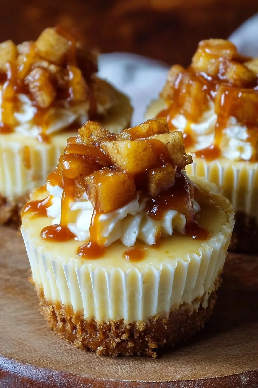 Delicious caramel apple cheesecake cups topped with caramel drizzle and apple slices