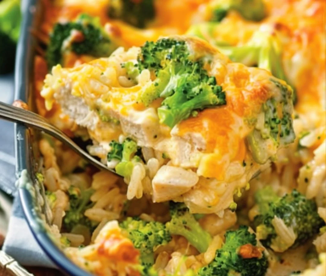Cheesy broccoli chicken casserole served in a dish