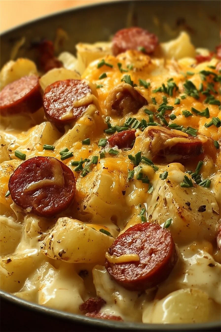 Cheesy ranch potatoes and sausage dish served in a bowl
