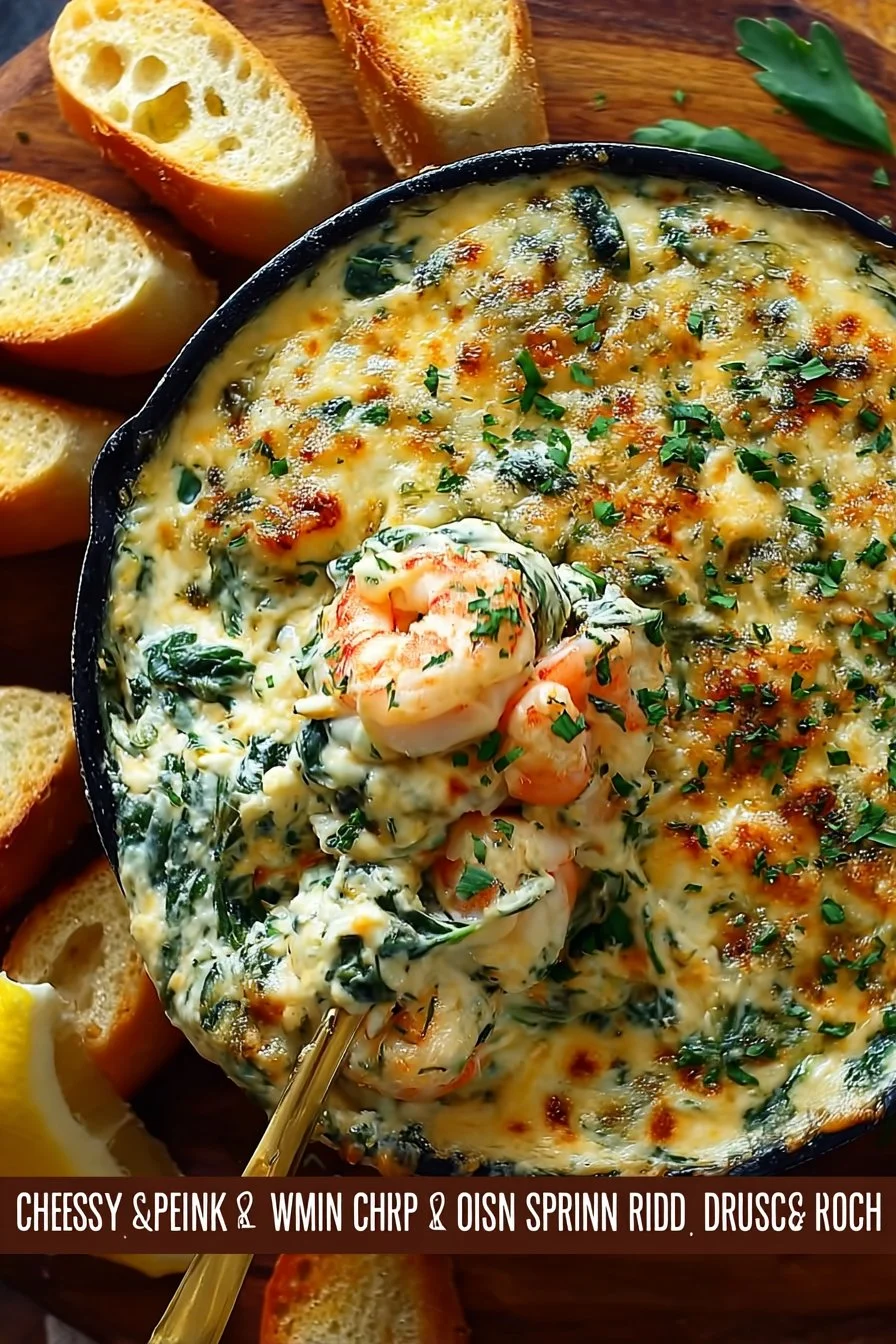 Cheesy and creamy shrimp and crab spinach dip in a serving dish
