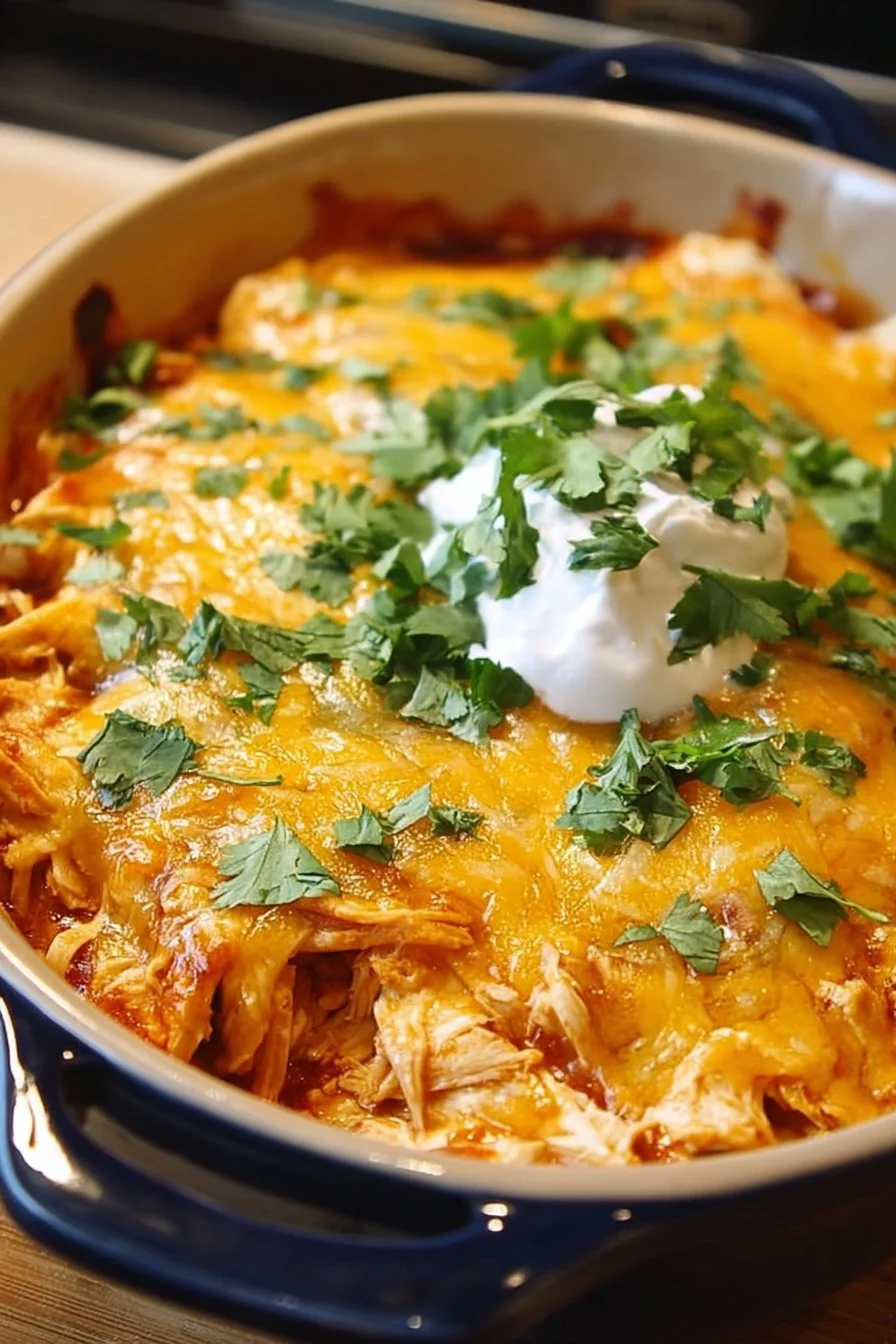 Cheesy slow cooker chicken enchilada bake served with toppings