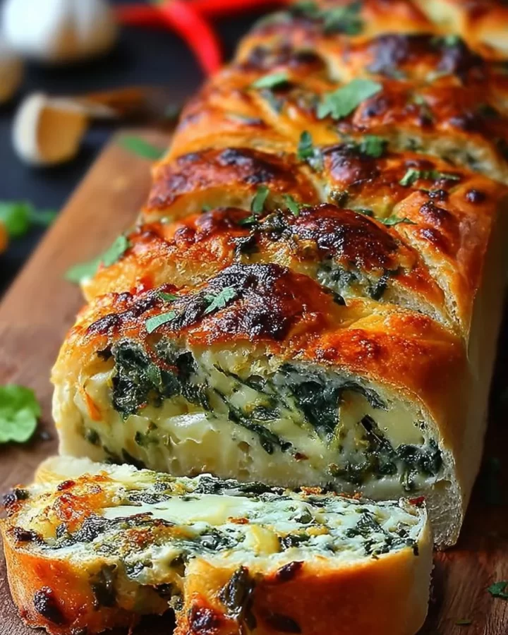Cheesy spinach stuffed bread, baked and ready to serve