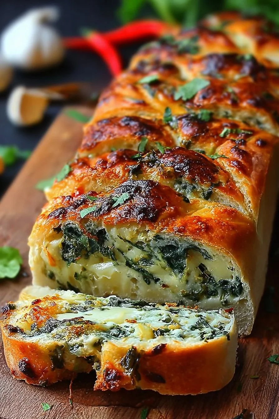 Cheesy spinach stuffed bread, baked and ready to serve