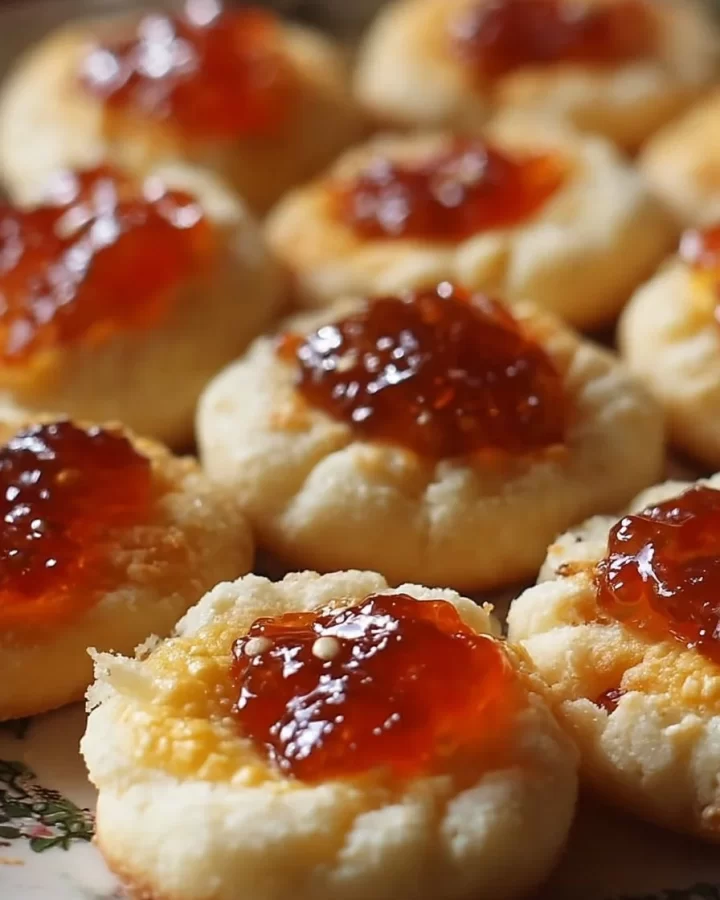 Cheesy thumbprint appetizers with hot pepper jelly on a serving platter.