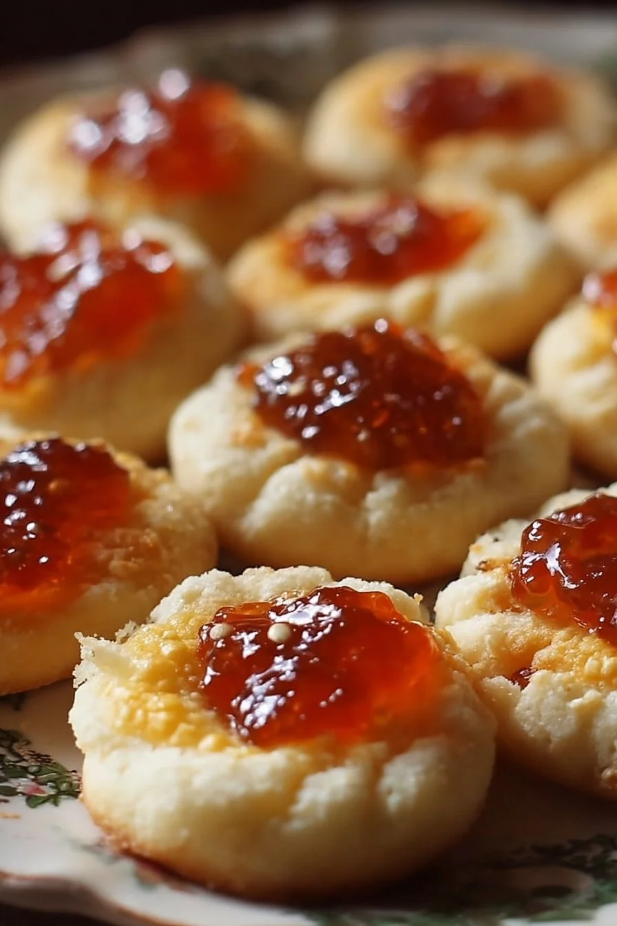 Cheesy thumbprint appetizers with hot pepper jelly on a serving platter.