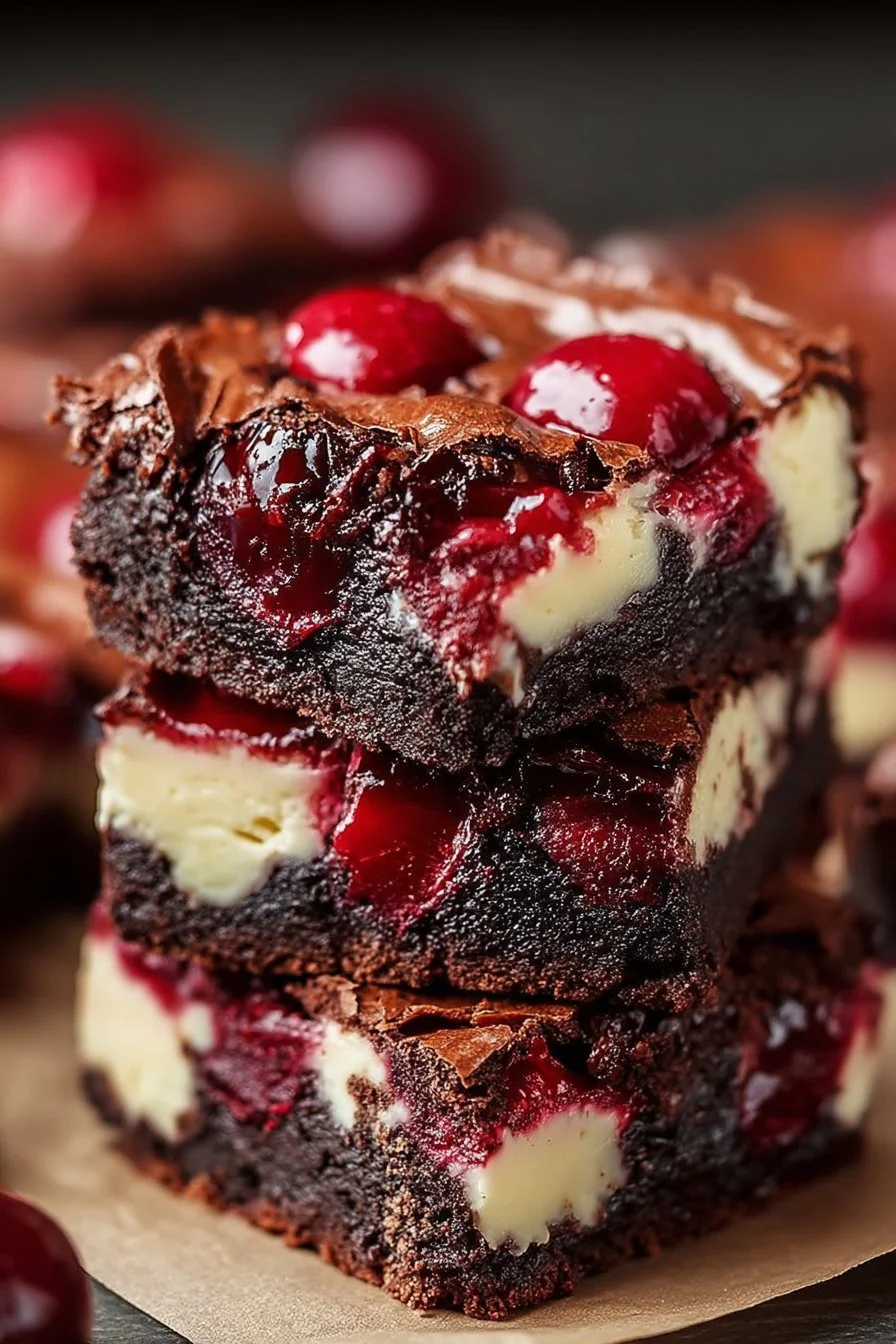 Delicious Cherry Cheesecake Brownies topped with cherries and creamy cheesecake swirls