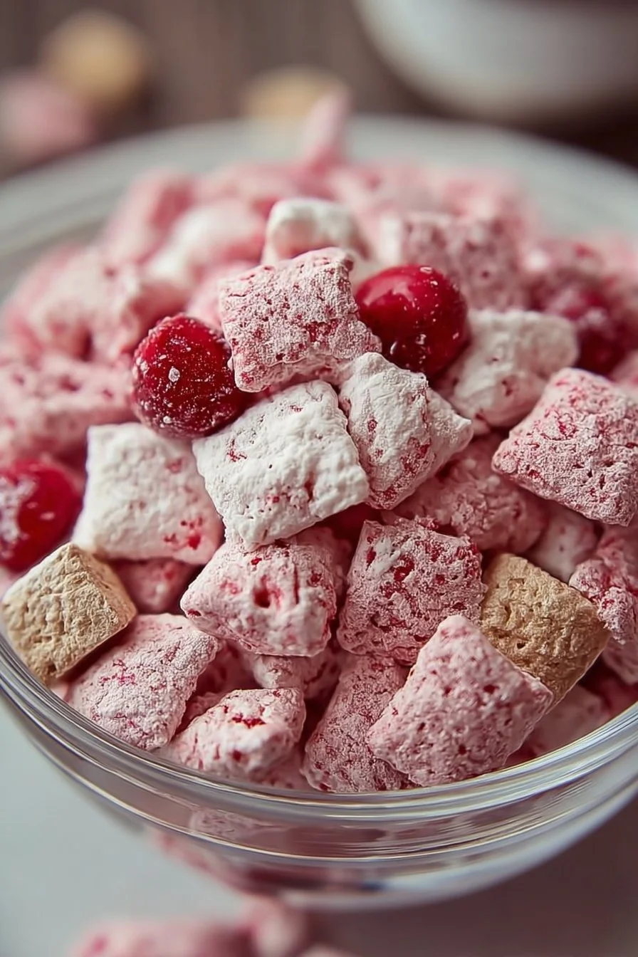 Cherry Cheesecake Puppy Chow dessert mix with cherry and cheesecake flavors