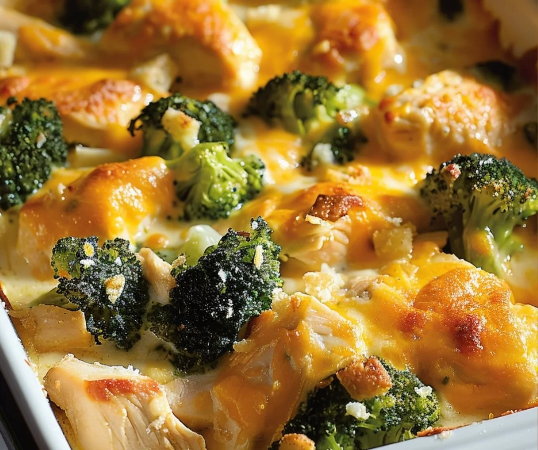 Baked chicken with broccoli in a creamy sauce, served in a casserole dish