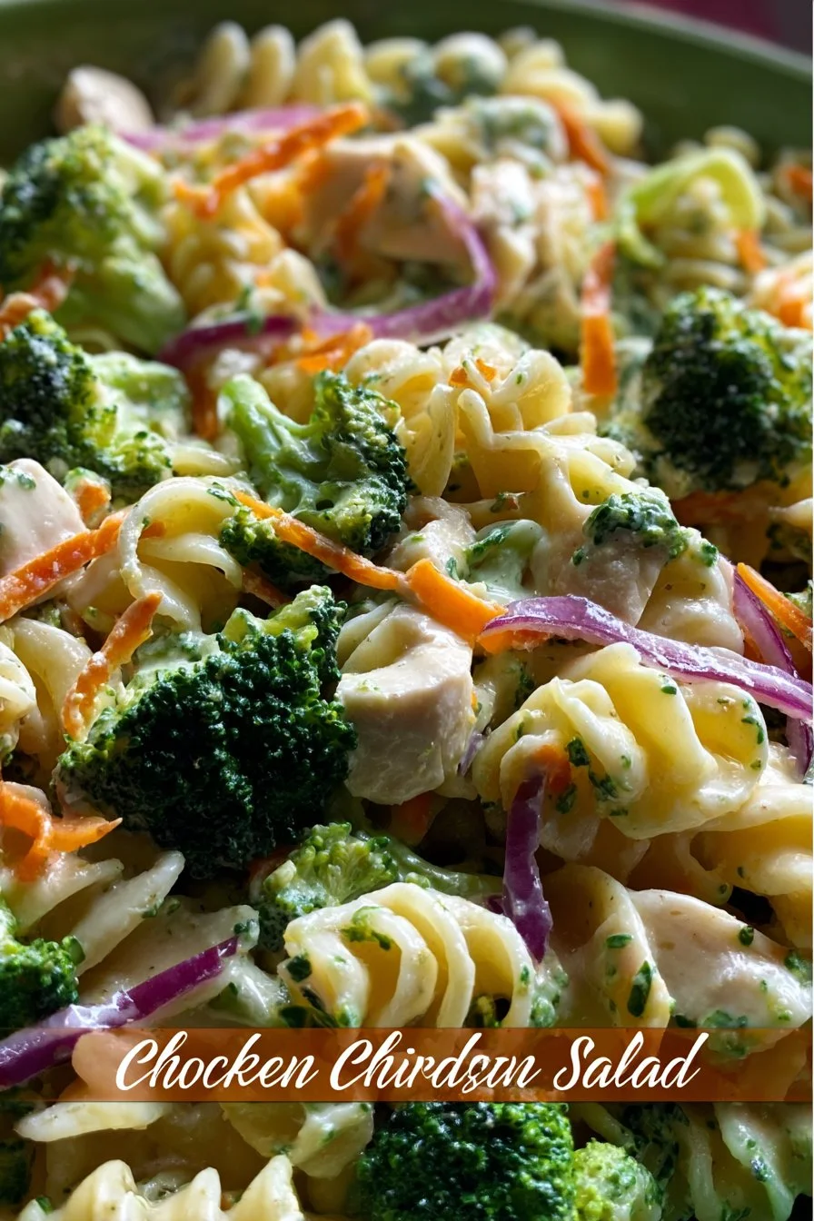 Bowl of chicken broccoli pasta salad topped with fresh herbs and dressing
