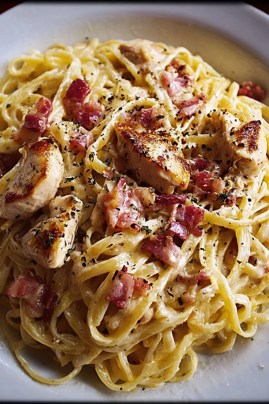 Delicious Chicken Carbonara served with pasta and garnished with parsley.