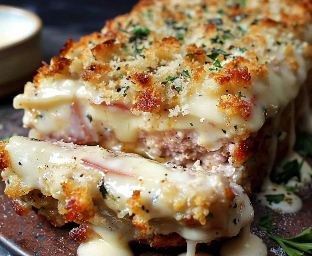 Delicious Chicken Cordon Bleu Meatloaf served with a side of vegetables
