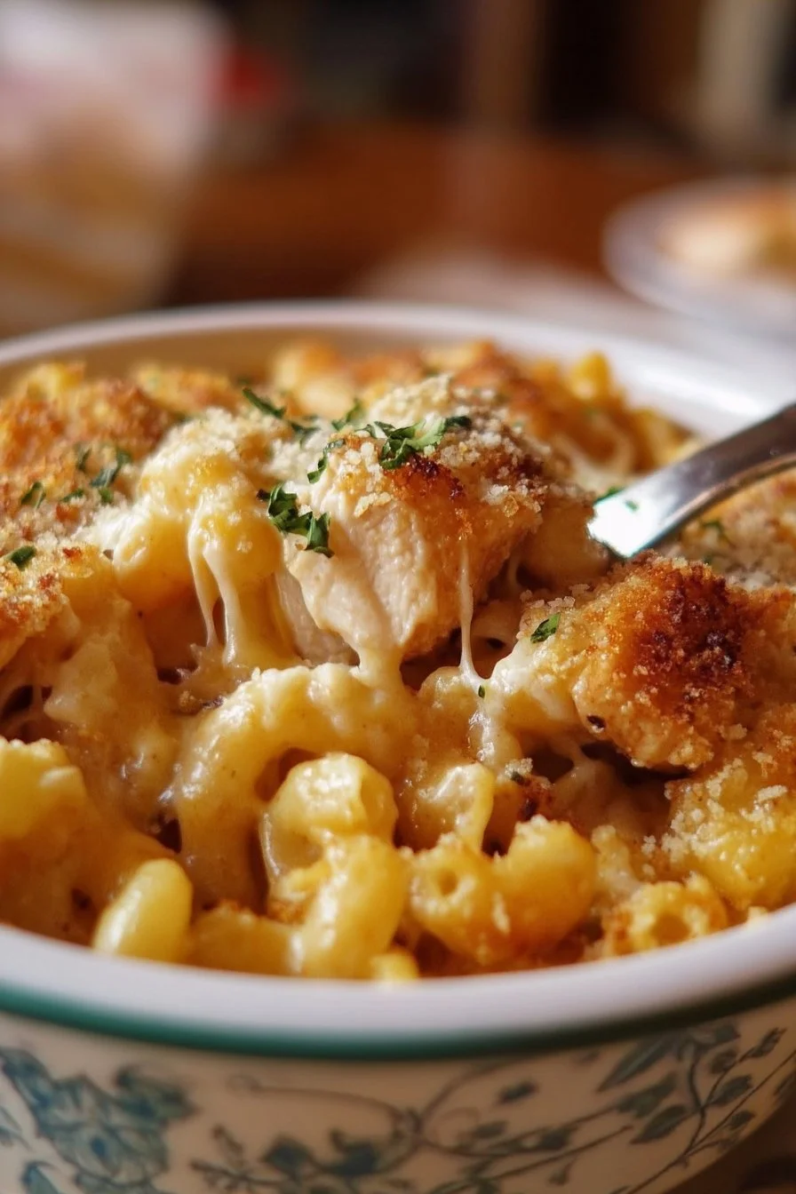 Plate of Chicken Parmesan Mac and Cheese topped with parsley and cheese.