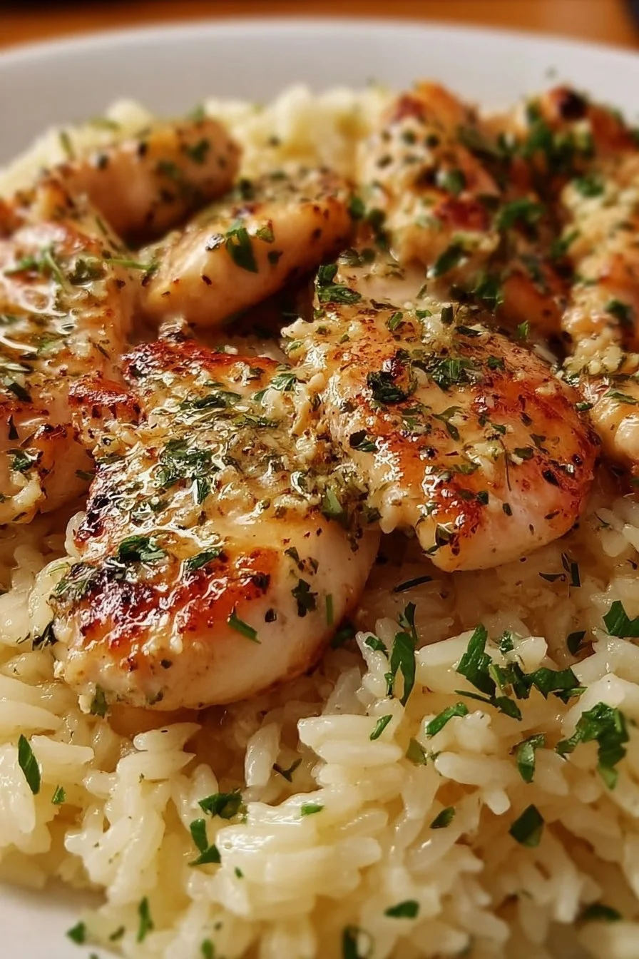 Delicious Chicken Scampi served with garlic Parmesan rice on a plate.