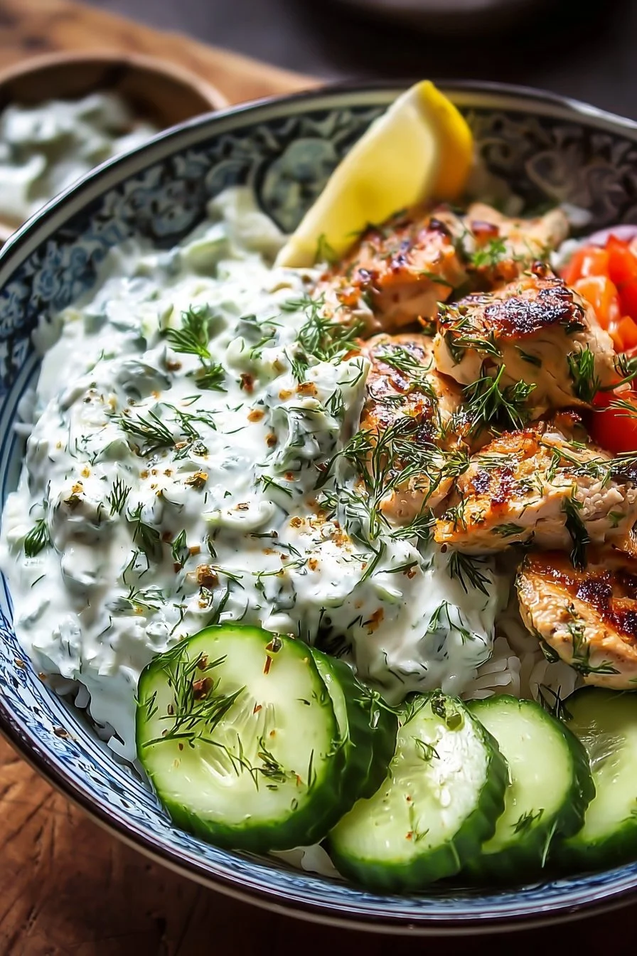 Delicious Chicken Tzatziki Bowl with fresh vegetables and tzatziki sauce
