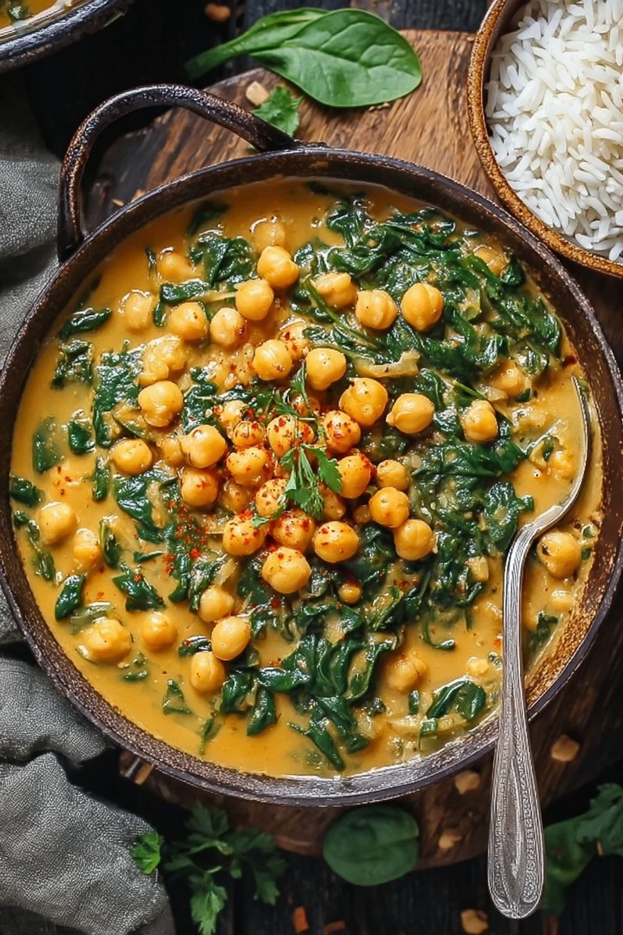 Chickpea spinach coconut curry served in a bowl with fresh herbs