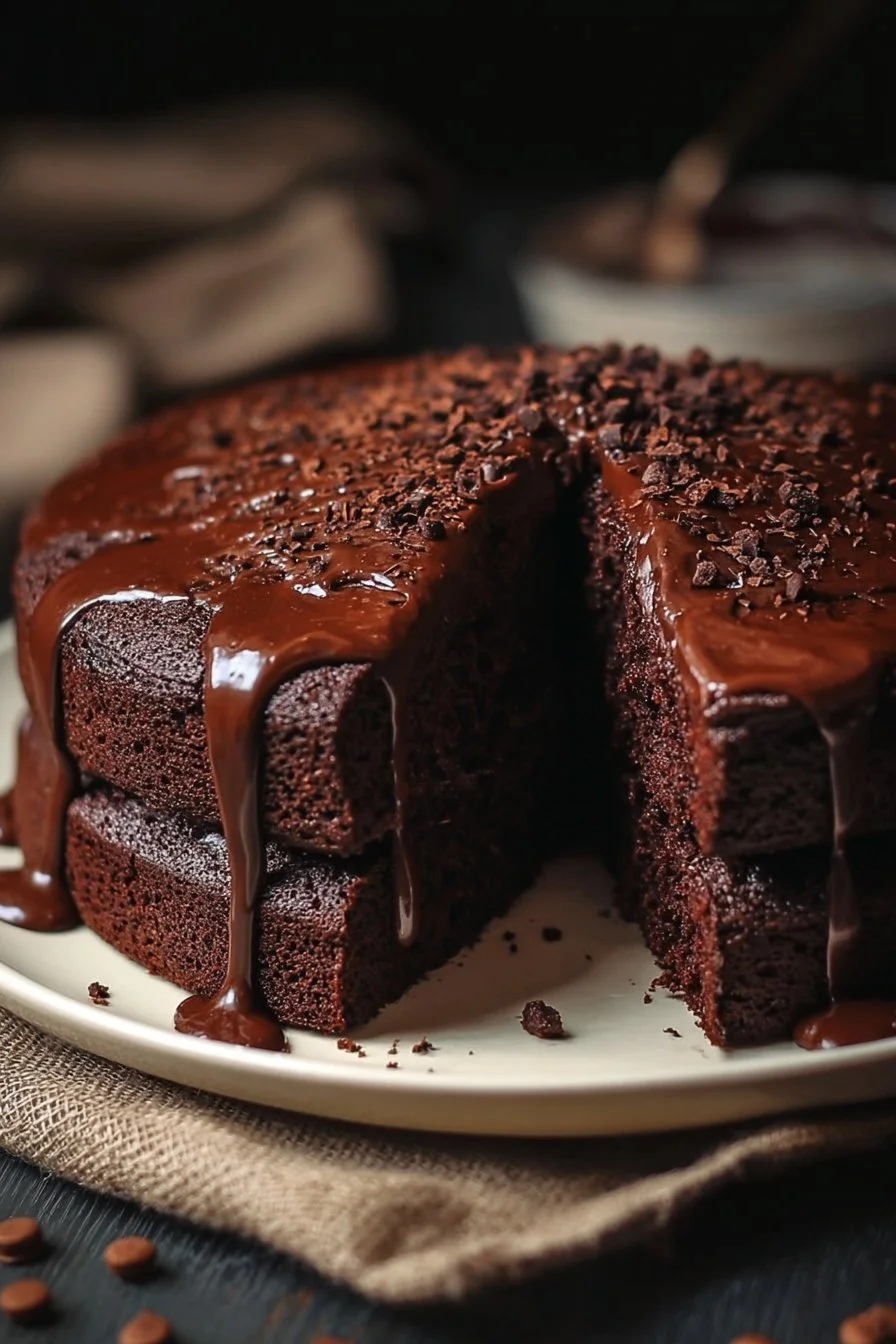 Decadent chocolate brownie cake with rich chocolate frosting and toppings
