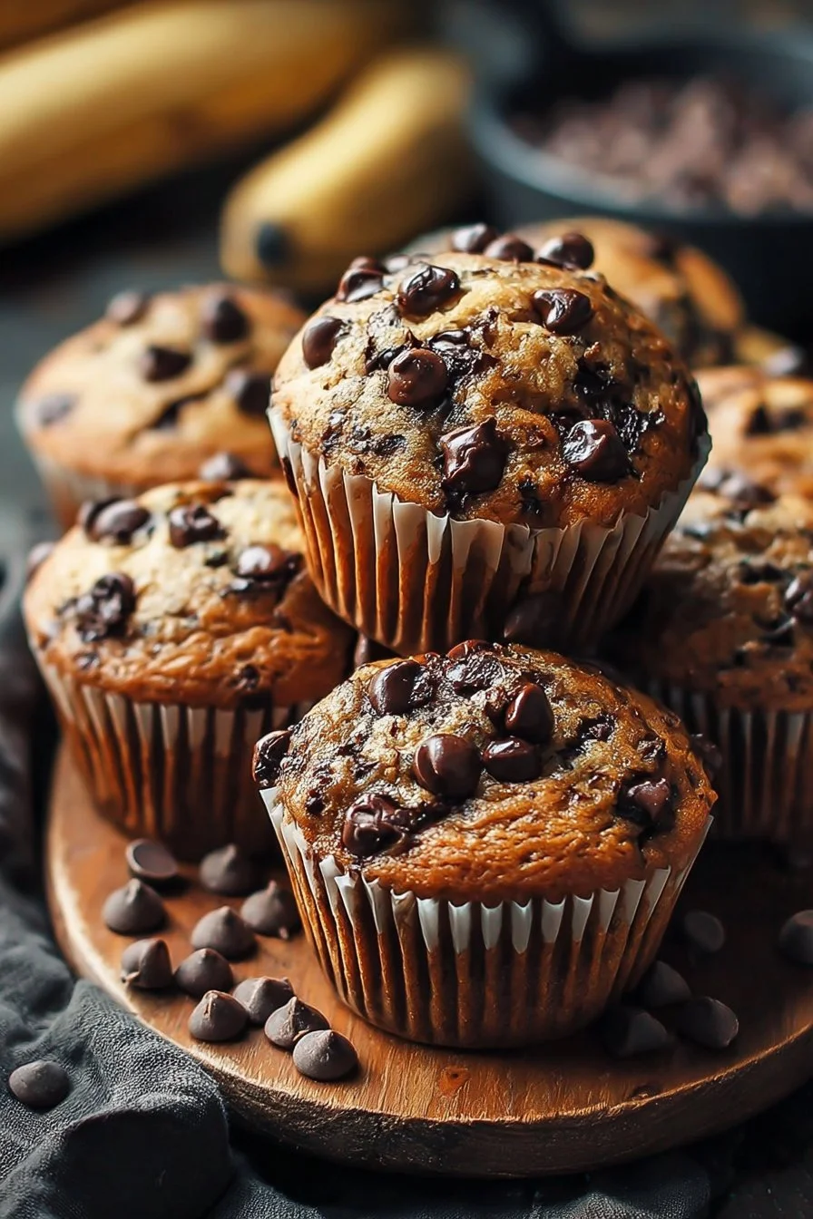 Delicious chocolate chip and banana muffins on a wooden table
