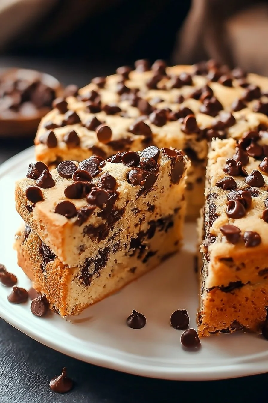 Delicious chocolate chip cookie cake topped with chocolate chips and frosting