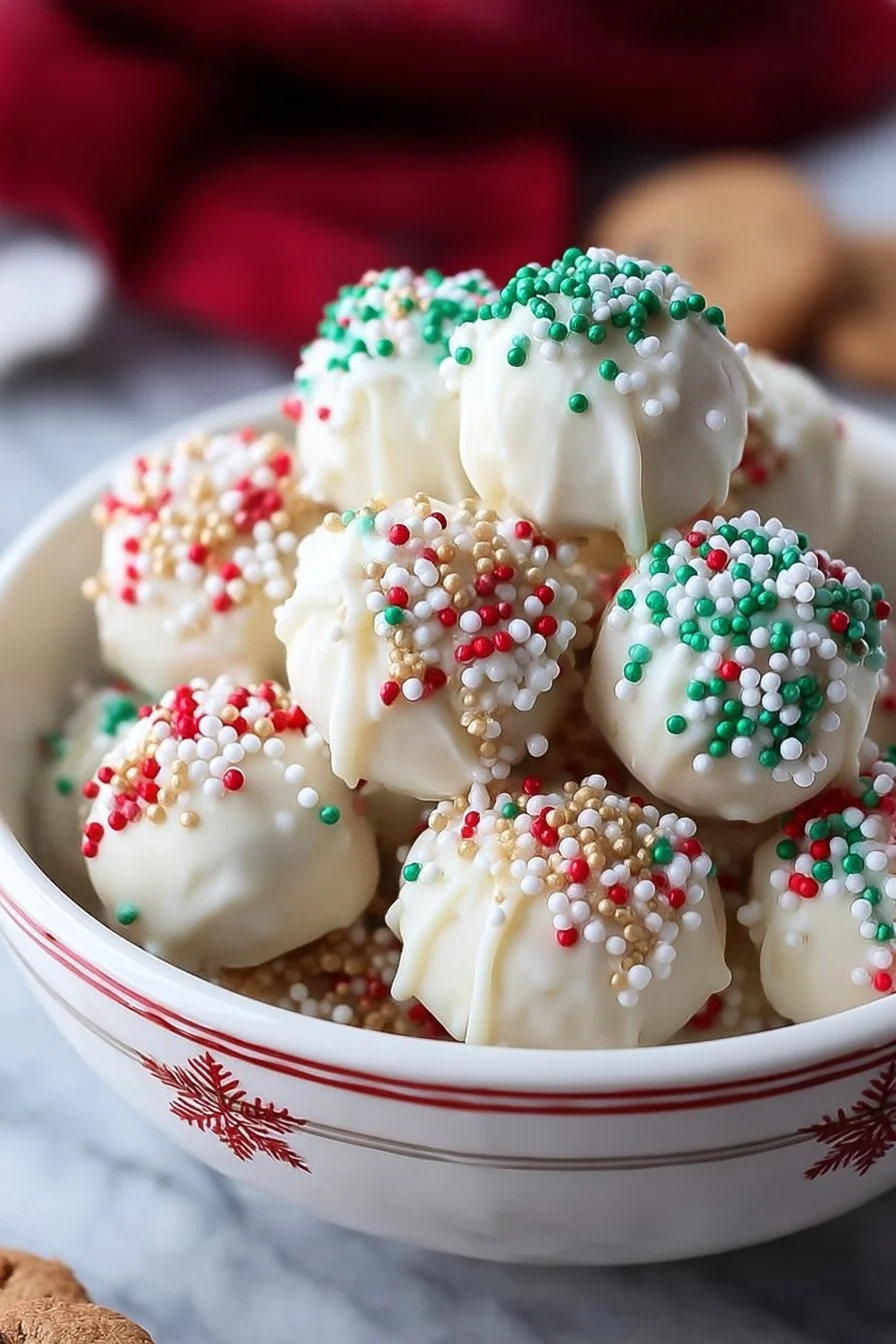 Delicious Christmas sugar cookie truffles decorated with festive sprinkles