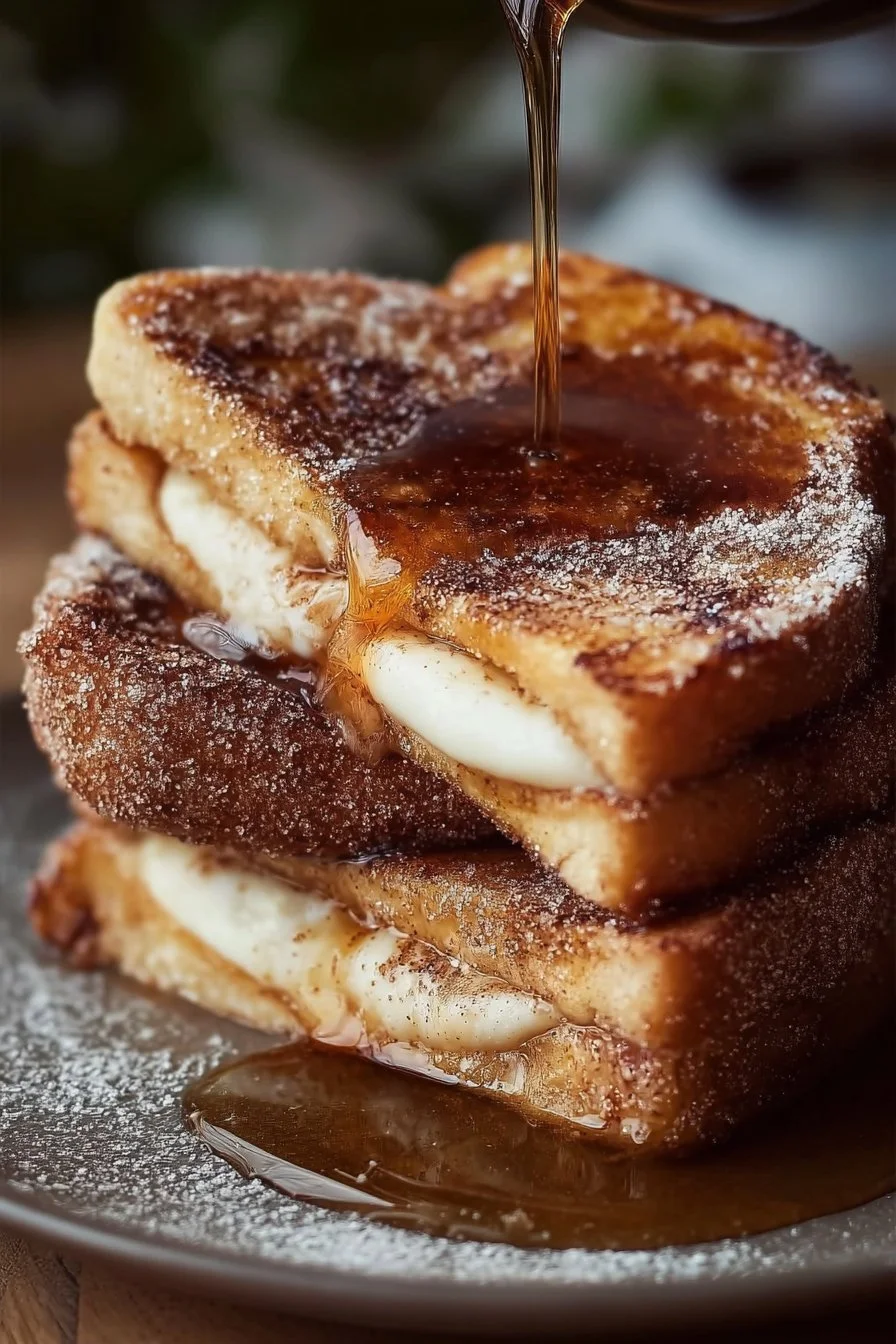 Delicious churro stuffed french toast coated in cinnamon sugar