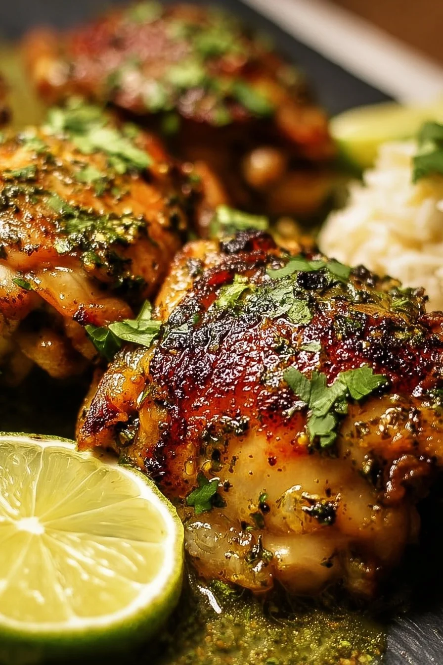 Cilantro Lime Chicken Thighs garnished with fresh cilantro and lime slices