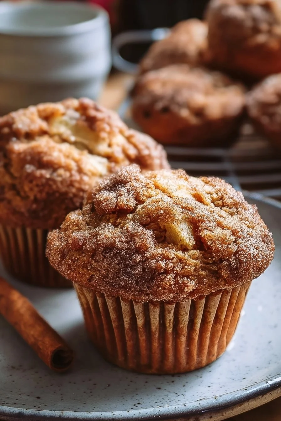 Freshly baked cinnamon apple cider muffins topped with a sprinkle of cinnamon.