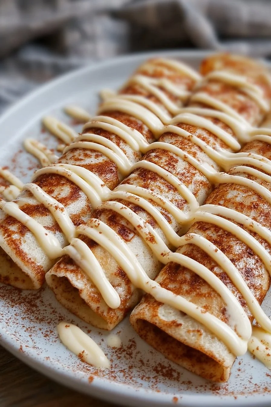 Delicious Cinnamon Roll Protein Crepes topped with cinnamon and glaze