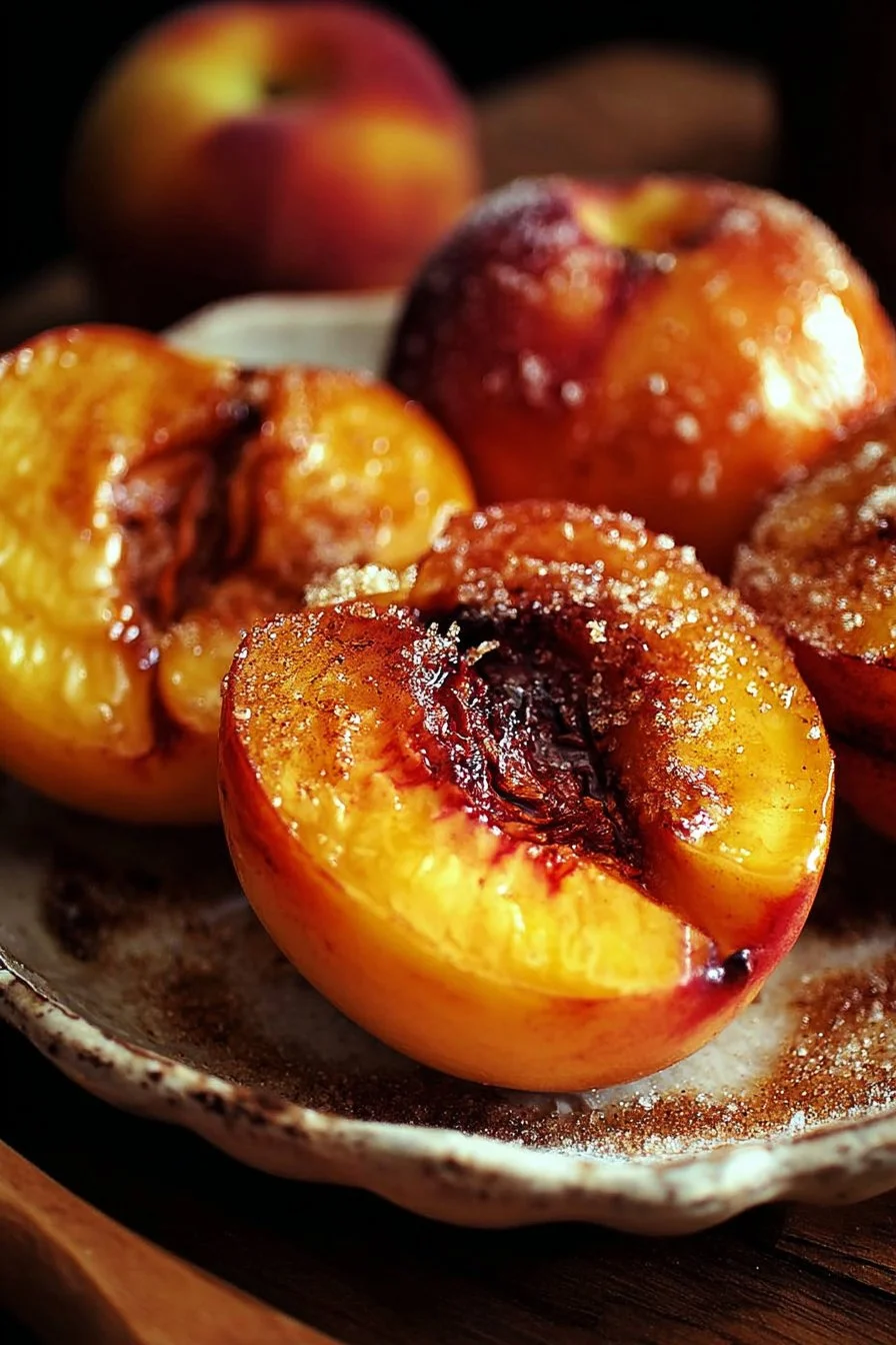 Cinnamon sugar baked peaches fresh out of the oven with a golden topping