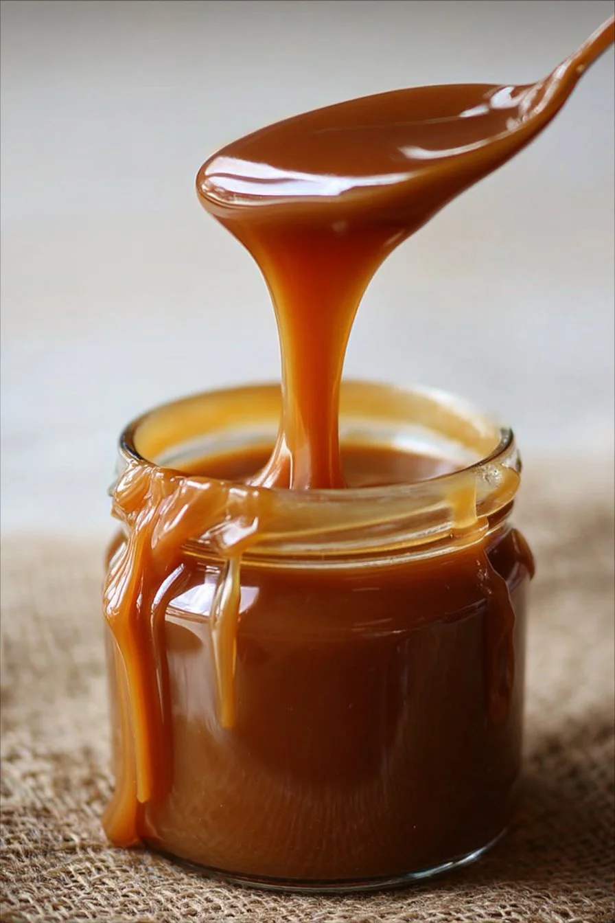 Homemade classic caramel sauce poured over desserts