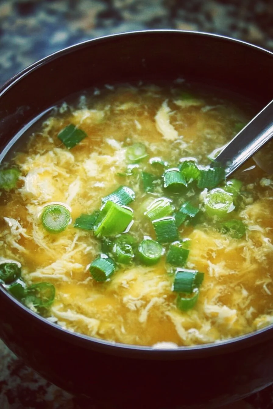 Bowl of classic egg drop soup garnished with green onions