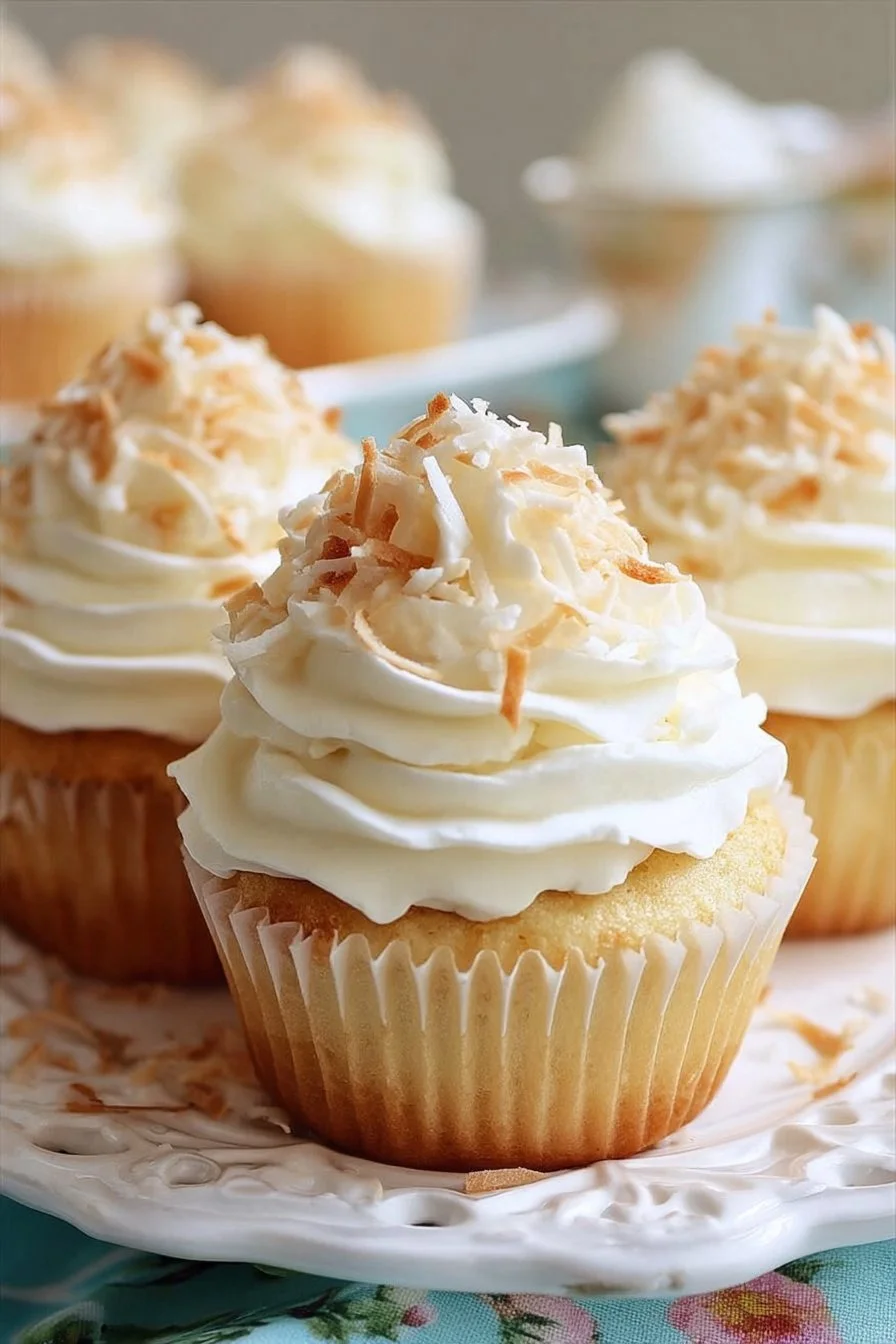 Coconut Cream Pie Cupcakes topped with creamy coconut frosting