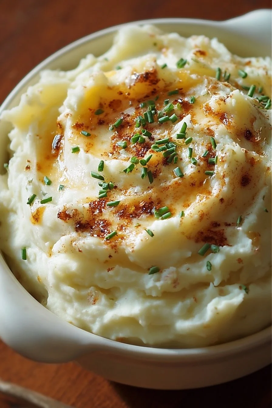 Cream cheese mashed potatoes topped with chives in a white bowl