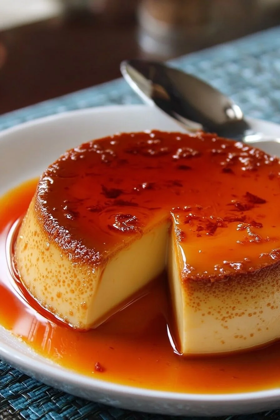 Delicious creamy caramel flan dessert on a white plate