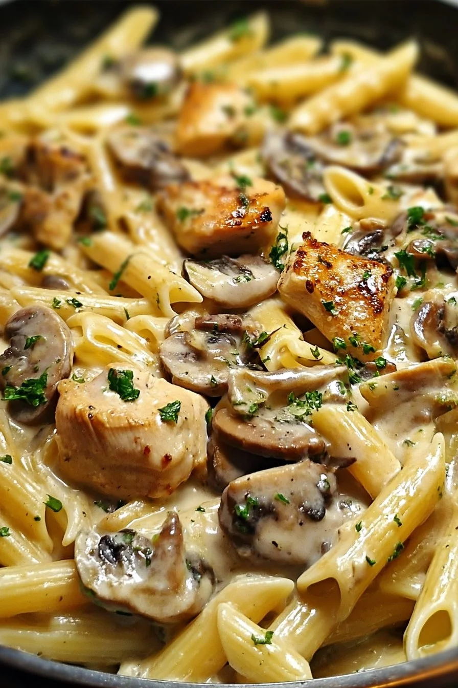 Creamy chicken and mushroom pasta dish garnished with herbs