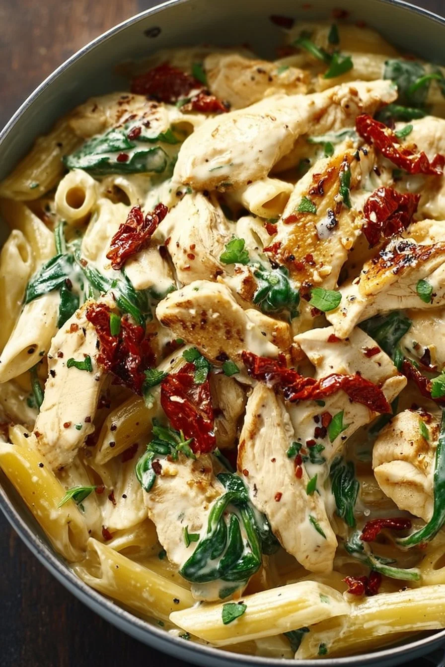Creamy chicken pasta with spinach and sun-dried tomatoes served in a bowl.
