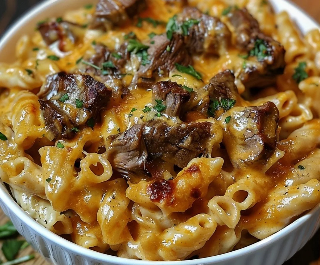 Creamy Honey Buffalo Steak Pasta Bake in a casserole dish.