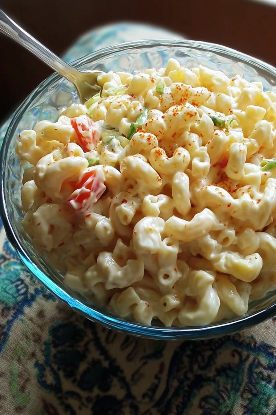 Delicious creamy macaroni salad served in a bowl