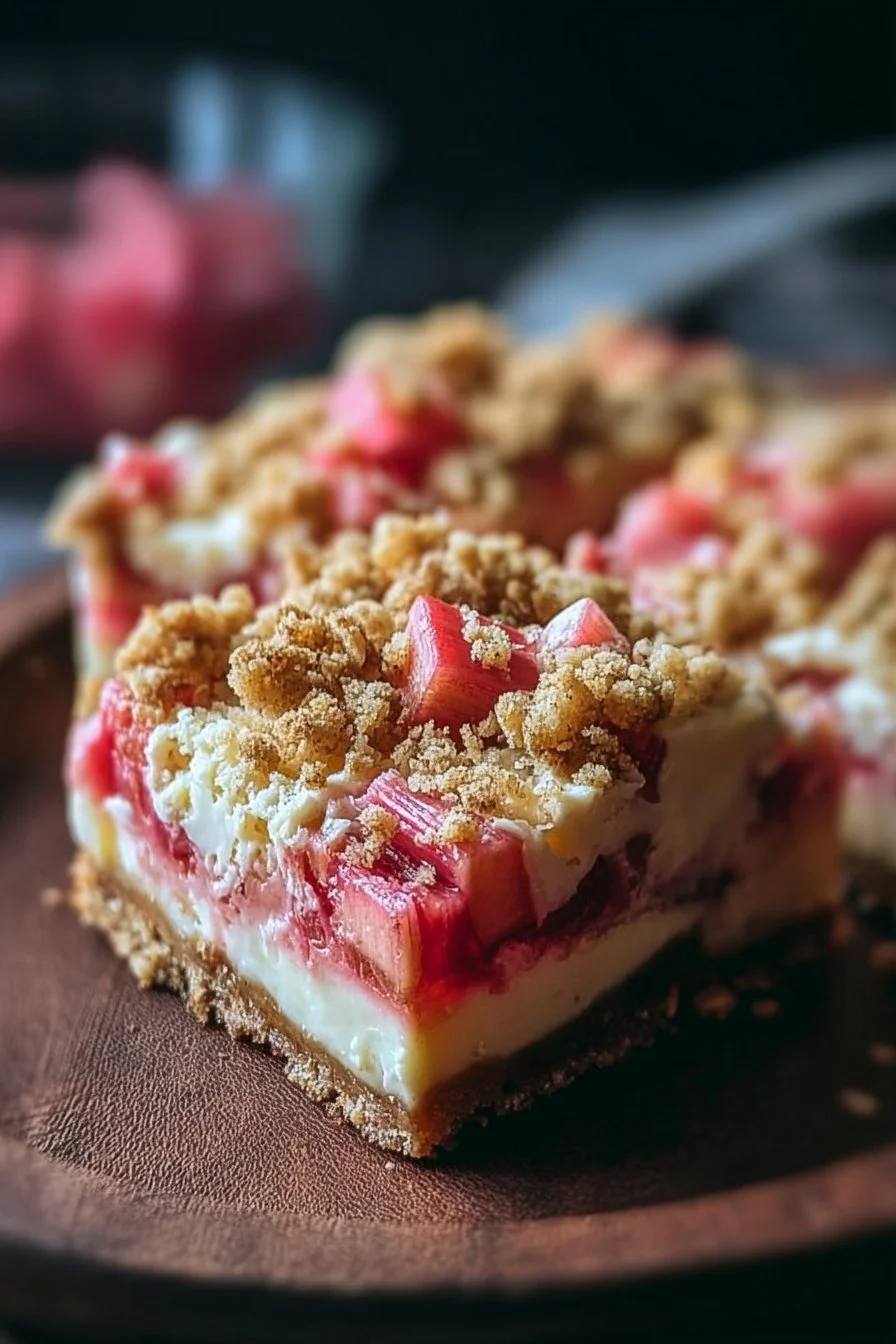 Creamy rhubarb cheesecake bars topped with a crunchy crumble topping