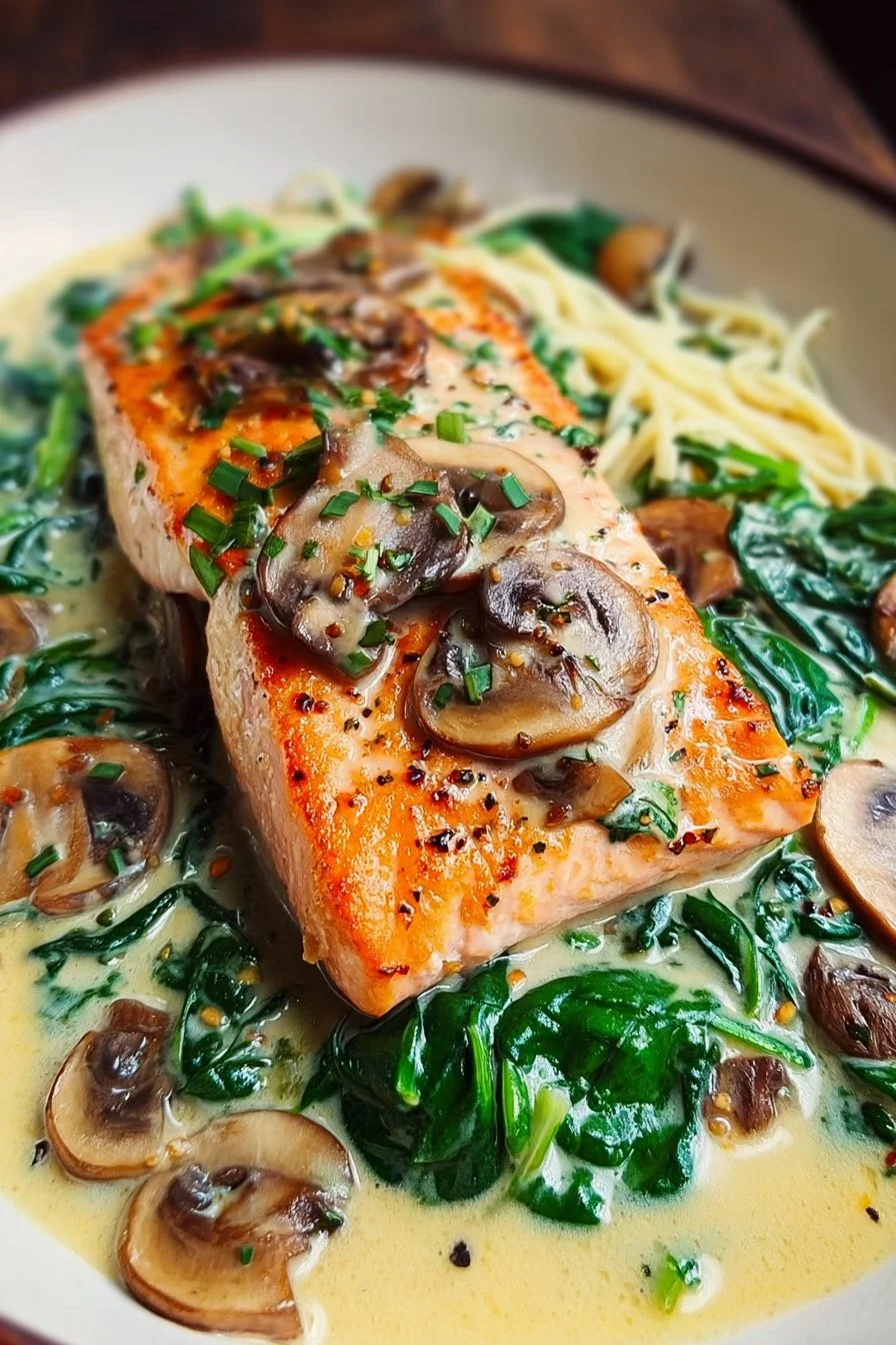 Creamy Salmon Florentine dish featuring spinach and mushrooms