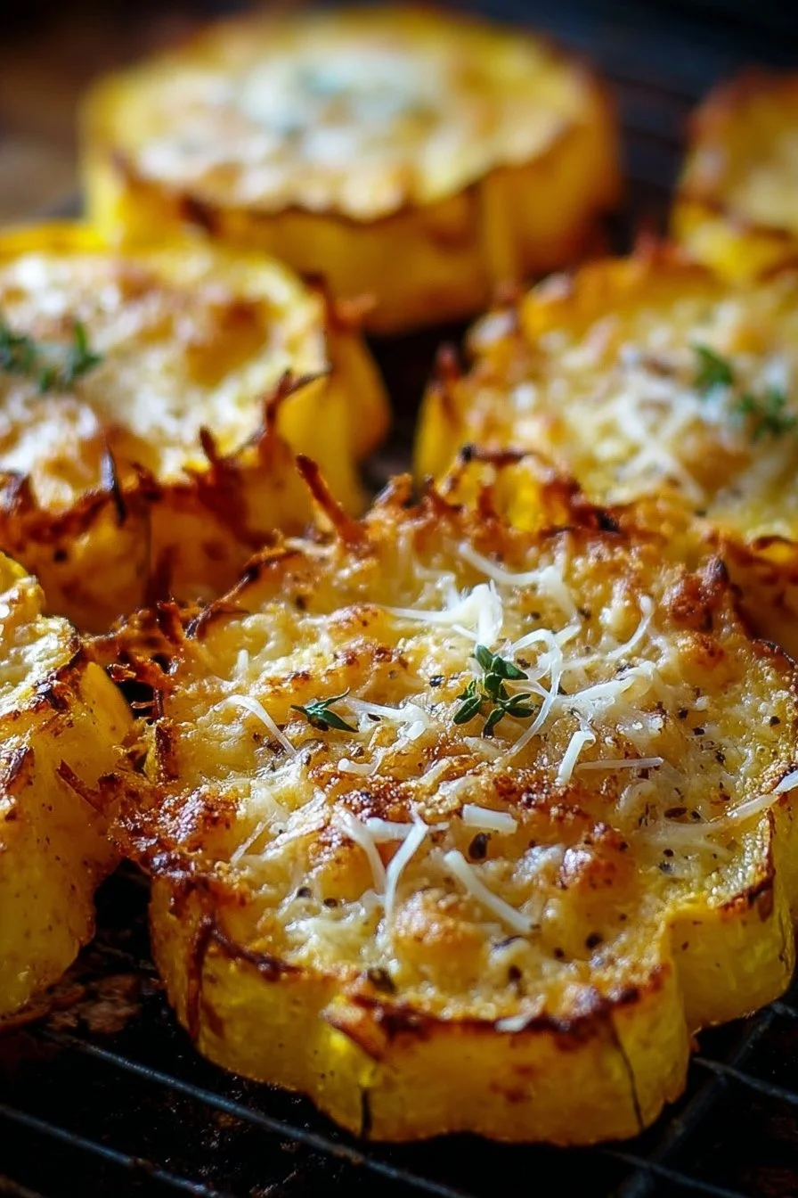 Crispy baked cheesy squash rounds served on a plate